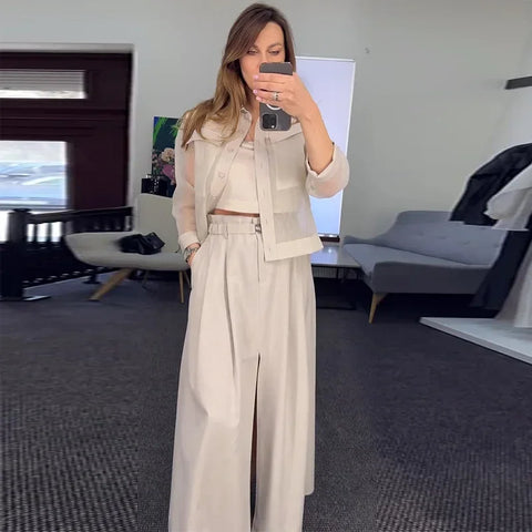 Sonicelife 2 Piece Sets Women Outfits Coat Wide Leg Pants Suit Pocket Single Breasted Turndown Collar Jacket Loose Trousers Casual Ensemble