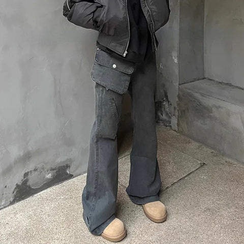 Sonicelife American Style Street Gray Cargo Pants Y2k Grunge High Waist Straight Flare  2024 Spring New Loose Wide Leg