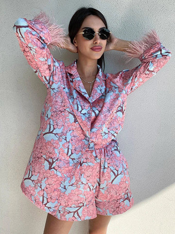 Sonicelife 2024 Women Homewear Sleepwear Pajamas Sets Floral Printed Spliced Feathers Long Sleeve Sleep Tops Shorts Sets
