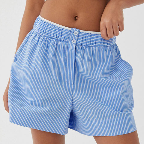 Sonicelife Women Y2K Cleanfit Fashion Loose Wide Leg Shorts with Pockets Stripe Buttons High Elastic Waist Summer Casual Bottoms