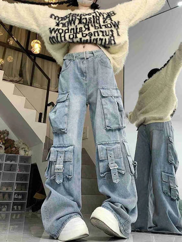 Sonicelife American Style Street Pocket Denim Cargo Pants Y2k E-Girl High Waist Jeans for Women 2024 Summer New Loose Wide Leg