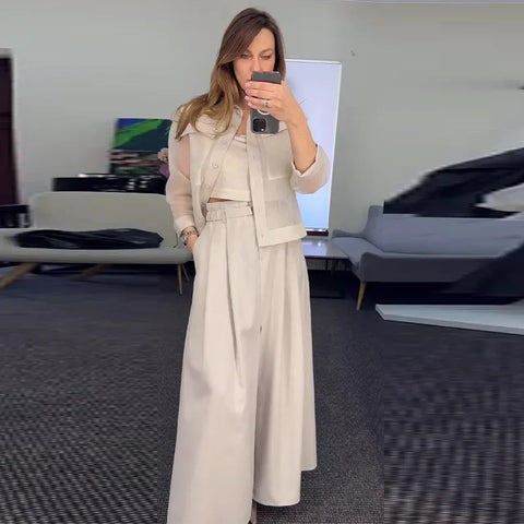 Sonicelife 2 Piece Sets Women Outfits Coat Wide Leg Pants Suit Pocket Single Breasted Turndown Collar Jacket Loose Trousers Casual Ensemble