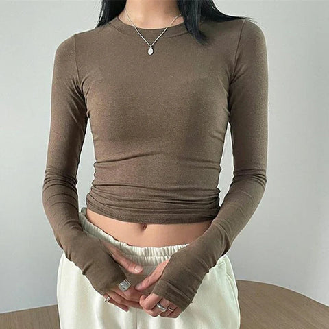 Sonicelife Chic Fashion Elegant Slim Fit Crop Tops Women Clothes Casual Solid Color Basic Tees Autumn Spring O Neck Long Sleeve T-shirt