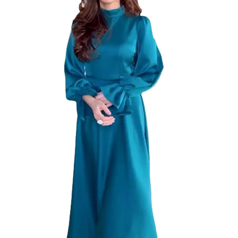 Sonicelife Dresses Solid Color Long Sleeved Stand Up Collar Dress Women 2024 New Summer Office Lady Elegant Vestidos High Waisted Loose