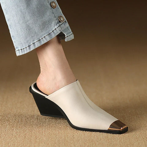 Sonicelife NEW Summer Women Mules Genuine Leather Shoes for Women Square Toe Wedges Shoes High Heel Women Sandals Metal Modern Slippers