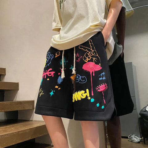 Sonicelife Fashion Summer Vintage y2k Shorts Graffiti Print Short Men And Women Summer American High Street Loose Casual Basketball Pants