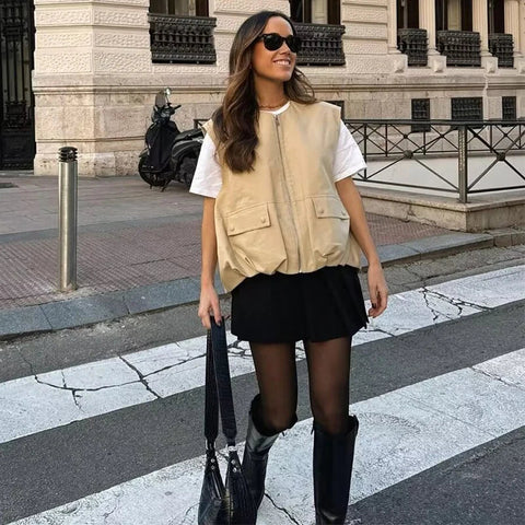 Sonicelife Women's Cropped Waistcoat Fashion O Neck  Zipper Vest Women Sleeveless Loose Vests Coats Female Chic Tops