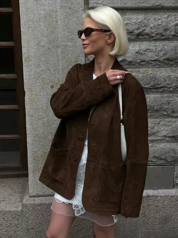 Back To School Sonicelife Fashion Brown Lapel With Pocket Jacket Woman Casual Single Breasted Long Sleeve Coat 2024 Lady Autumn Warm High Street Outwear
