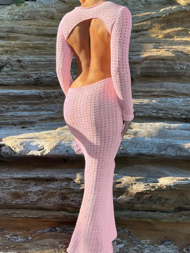 Sonicelife-Elegant Woman Pink Hollow Out Backless Sweater Dress High Street Ladies Sexy High Waist Bodycon Knitted Long Dresses Streetwear