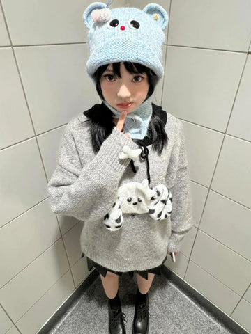 Black Friday Sonicelife Kawaii Dog Graphic Hooded Sweater Women Patchwork Grey Ribbed Knitwear Korean Fashion Autumn Oversized Winter Clothes