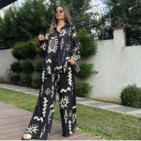 Sonicelife Two Piece Sets Women Print Blouse Shirt Single Breasted Wide Leg Pants Lace Up Full Length Loose Fit Suit Casual Ensemble