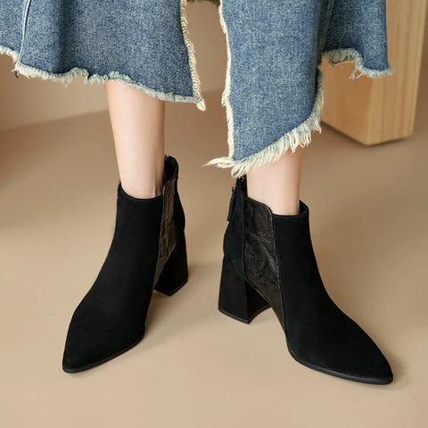 Sonicelife NEW Autumn Women Boots Sheep Suede Leather Shoes for Women Pointed Toe Chunky Heel Shoe Black Ankle Boots High Heel Modern Boots