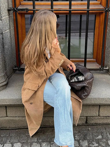 Back To School Sonicelife 2024 Autumn Winter Solid Long Windbreaker Jacket Fashion Lapel Double Breasted With Pocket Coat Women Casual Commute Streetwear