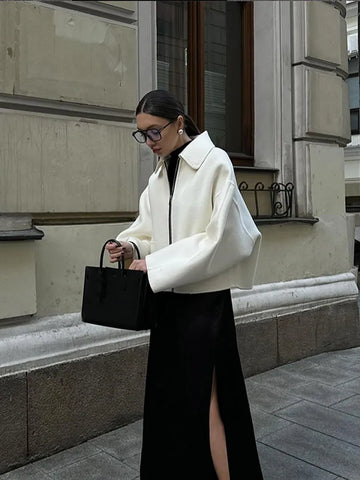Sonicelife Elegant Pocket Zipper Short Woolen Coat For Women Fashion Lapel Long Sleeves White Coats Autumn Ladies New Commute Outerwear