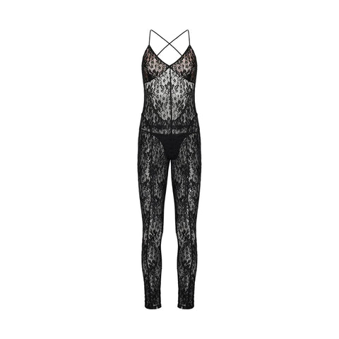 Sonicelife-Women's Sexy Backless Night Romper Onesies Sleepwear Sleeveless Full Lace See-through Sheer Mesh Bodycon Long Jumpsuit