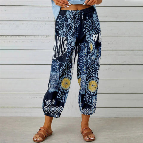 Sonicelife 2024 spring and summer new fashion printed casual pants thin strappy loose nine-point lantern pants