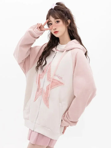 Black Friday Sonicelife Star Pattern Zip Up Hoodies Women Oversized Streetwear Patchwork Sweatshirts Cutecore Fashion Aesthetic Kawaii Clothes