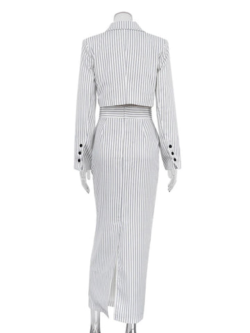 Sonicelife Aynaray 2024 Autumn Winter Women Office Lady Striped Maxi Skirt Set White Outfits Bodycon Slim 2 Two Piece Matching Set Women