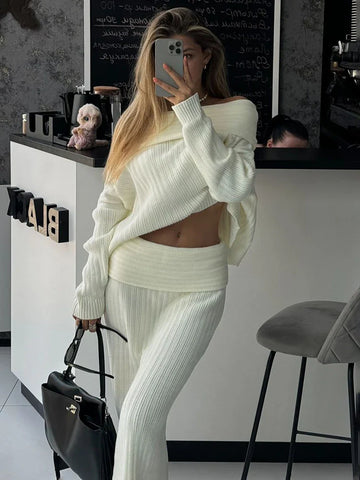 Black Friday Sonicelife Knitted Skirt 2 Piece Set Women's One-Shoulder Long Sleeves Sweater Pullover Elegant Slim Fit Long Skirt Suit Autumn New