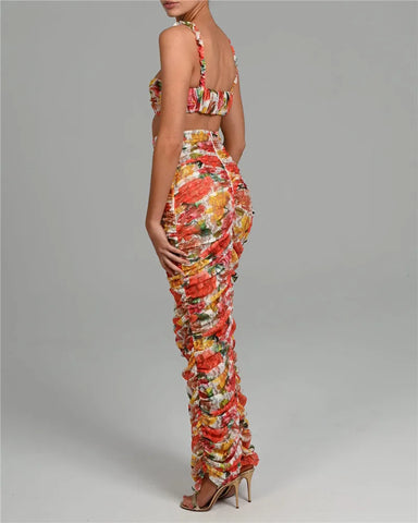 Sonicelife Floral Spaghetti Straps Bra Top and Skirt Set