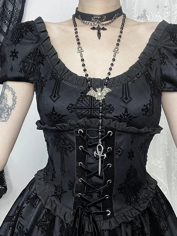 Sonicelife Women's Gothic Directional Design New Fall Halloween Elegant Cross Flocked Dark Dresses