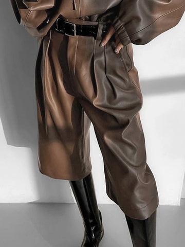 Sonicelife Aynaray 2024 Women Autumn Winter Leather Pant Set Solid Brown Outfits Hoodies 2 Two Piece Matching Short Set For Women