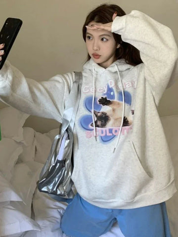 Black Friday Sonicelife Harajuku Cat Print Hoodies Women Y2k Aesthetic O Neck Pullover Cutecore Long Sleeve Girl Tops Japanese Kawaii Sweatshirt