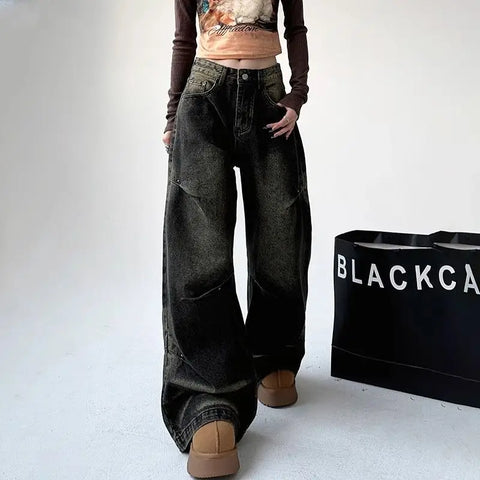 Sonicelife New American mid-waist women jeans Y2k autumn and winter retro high street loose trendy brand couple wide leg pants