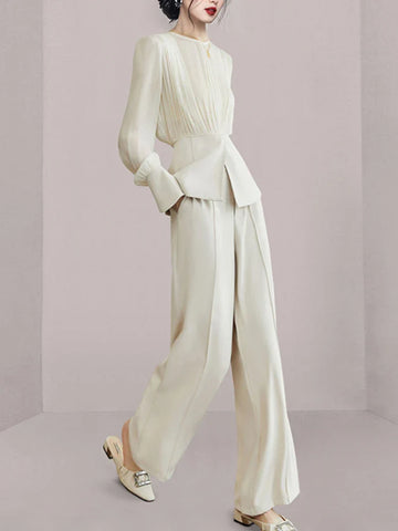 Sonicelife Long Sleeve Top with Wide Leg Trousers Semi-Formal Ivory Suit