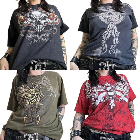 Sonicelife Y2K Star Skull Print Short Sleeve Tee Cyber Grunge Graphic T-shirt Japanese Emo 00s Vintage Gothic T-shirt Women Men