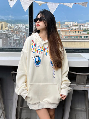 Black Friday Sonicelife Funny Eye Print Oversized Hoodies for Women Kawaii Star Graphic Long Sleeve Sweatshirt Anime Autumn Winter Kpop Clothes