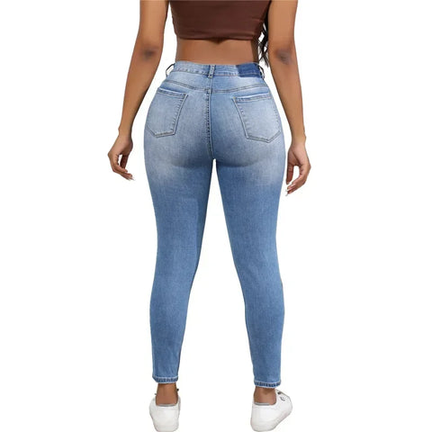 Sonicelife Women Jeans Holes Pencil Pants Washing Denim Pockets Sexy Sheath High Waist Slim Fit Zipper Fly Ankle Length Basics 2024