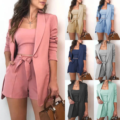Sonicelife Matching Sets Cardigan Single Button Pant Sets Tracksuit Turn Down Collar Vest Pockets Office Lady Three Pieces Shorts Solid
