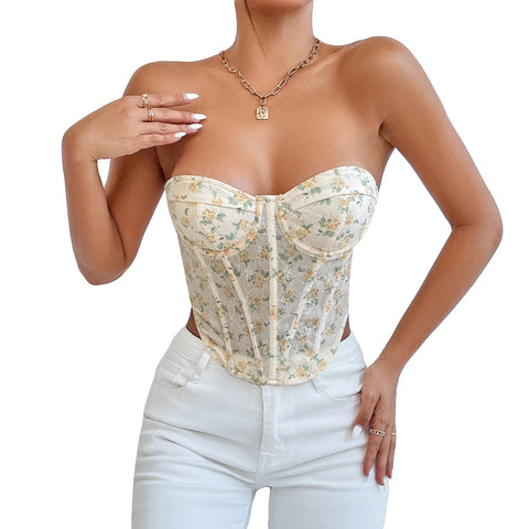 Sonicelife-Women Y2K Vintage Retro Tube Top Strapless Backless Tie-up Irregular Hem Flower Print Vest Summer Corset Waist Shaper