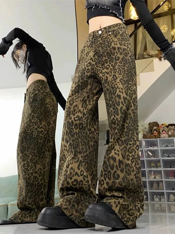 Sonicelife Baggy Leopard Print Y2k Jeans Women 2024 New High Waisted Casual Wide Leg Denim Pants Fashion Streetwear Retro Straight