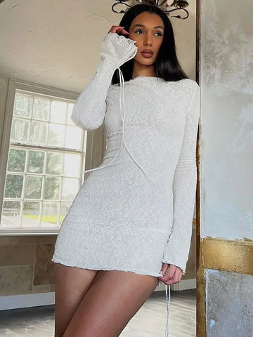 Sonicelife Lace Lace-up Long Sleeve Sexy Mini Dress For Women Robe Fashion Fall O Neck Elegant Dress Ladies Silm Fit Dress White