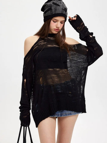 Black Friday Sonicelife Y2k Spider Web Knitwear Hollow Out Sweaters Goth Mesh Hole Halter Collar Top Grunge E-Girl Pullover Streetwear Clothes