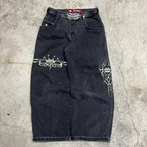 Sonicelife Y2K Dark Blue Jeans Gothic Punk Cross Graphic Print Design Denim Trousers New Harajuku Fashion Washed Oversized Jeans Men Women