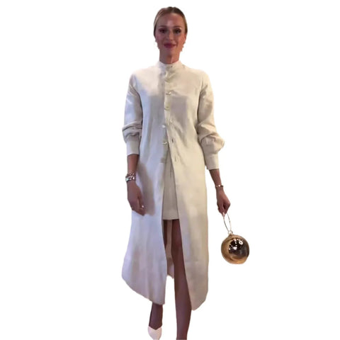 Sonicelife Long Dress Women Solid Colour Slim Fit Dresses Round Collar Single Breasted Split A Line Elegant Female Temperament Vestidos