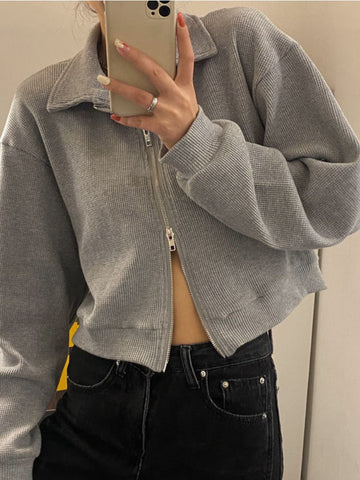 Sonicelife Korean Fashion Gray Zipper Sweatshirt Women Harajuku Oversized Long Sleeve Jacket Casual Tracksuit Female Crop Tops 0508