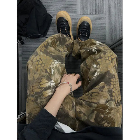 Sonicelife Hip-hop retro snake print camouflage pants American women high street American loose casual couple pants y2k pants