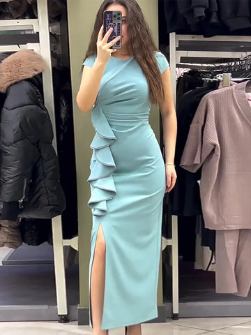 Sonicelife Women Dresses Party Dress O Neck Short Sleeve Spliced Solid Pullover Vestidos Sexy Wrap Buttocks Ankle Length High Street 2024