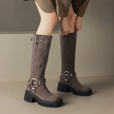 Sonicelife Autumn Women Boots Cow Suede Leather Shoes for Women Round Toe Thick Heel Platform Boots Retro Long Boots Women Knee High Boots