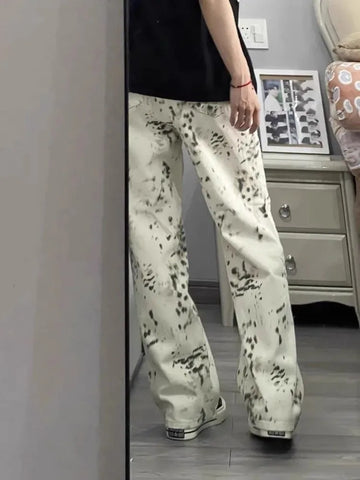 Sonicelife American Retro White Leopard Print Denim Pants Y2k E-Girl High Waist Straight Trousers 2024 Summer New Loose Wide Leg Jeans