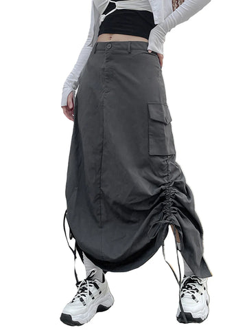 Sonicelife Retro Women Long Cargo Pocket Baggy Skirts Side Drawstring Low Rise Solid Pockets Hip Hop Straight Skirts Y2k Streetwear