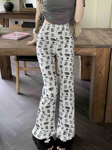 Sonicelife Casual Wide Leg Pants American Vintage Cat Dog Overall Print Sweatpants Women Y2k Loose High Waist Summer Trousers Fashion