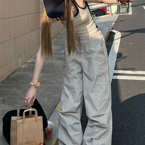 Sonicelife Spring Autumn New Grey Apricot Cargo Pants American Vintage Loose Straight Trousers Y2k Grunge High Waist Wide Leg