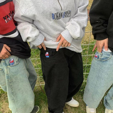 Sonicelife Polar Skateboard Big Boy Pocket Embroidered Jeans Men Women Retro Hip Hop Cartoon Graphic Oversized Jeans Y2K Straight Trousers