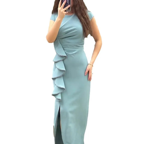 Sonicelife Women Dresses Party Dress O Neck Short Sleeve Spliced Solid Pullover Vestidos Sexy Wrap Buttocks Ankle Length High Street 2024