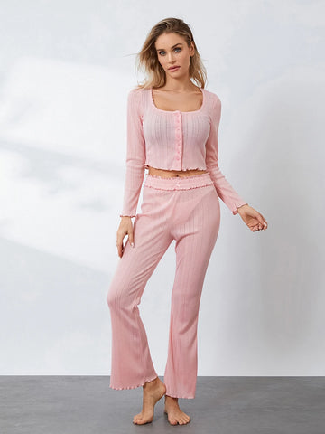 Sonicelife Spring Fall Two-Piece Lounge Wear Sets Female Casual Pajamas Sets Long Sleeve Buttons U-Neck Cardigan Crop Tops and Flare Pants